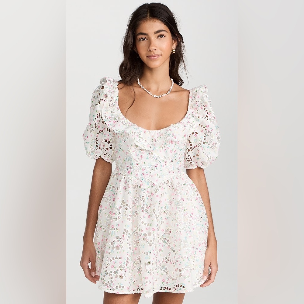 Floral White Dress with Puff Sleeves